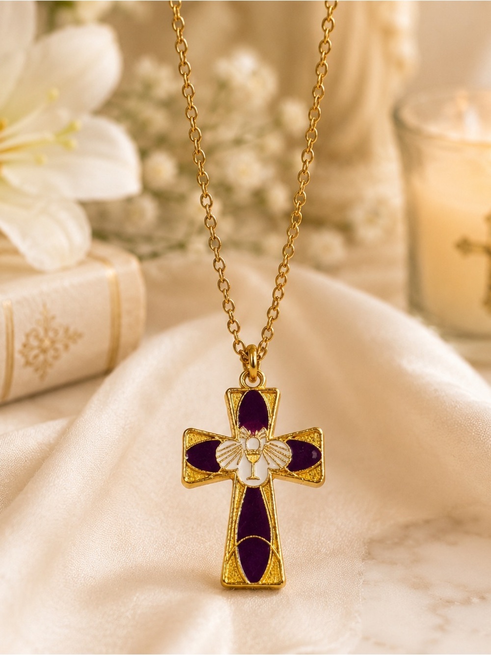Gold-Plated Cross Pendant Necklace with Purple Enamel